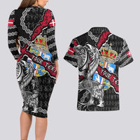 Personalized Denmark Vikings Couples Matching Long Sleeve Bodycon Dress and Hawaiian Shirt Nordic Lion Bound in Runes and Chains