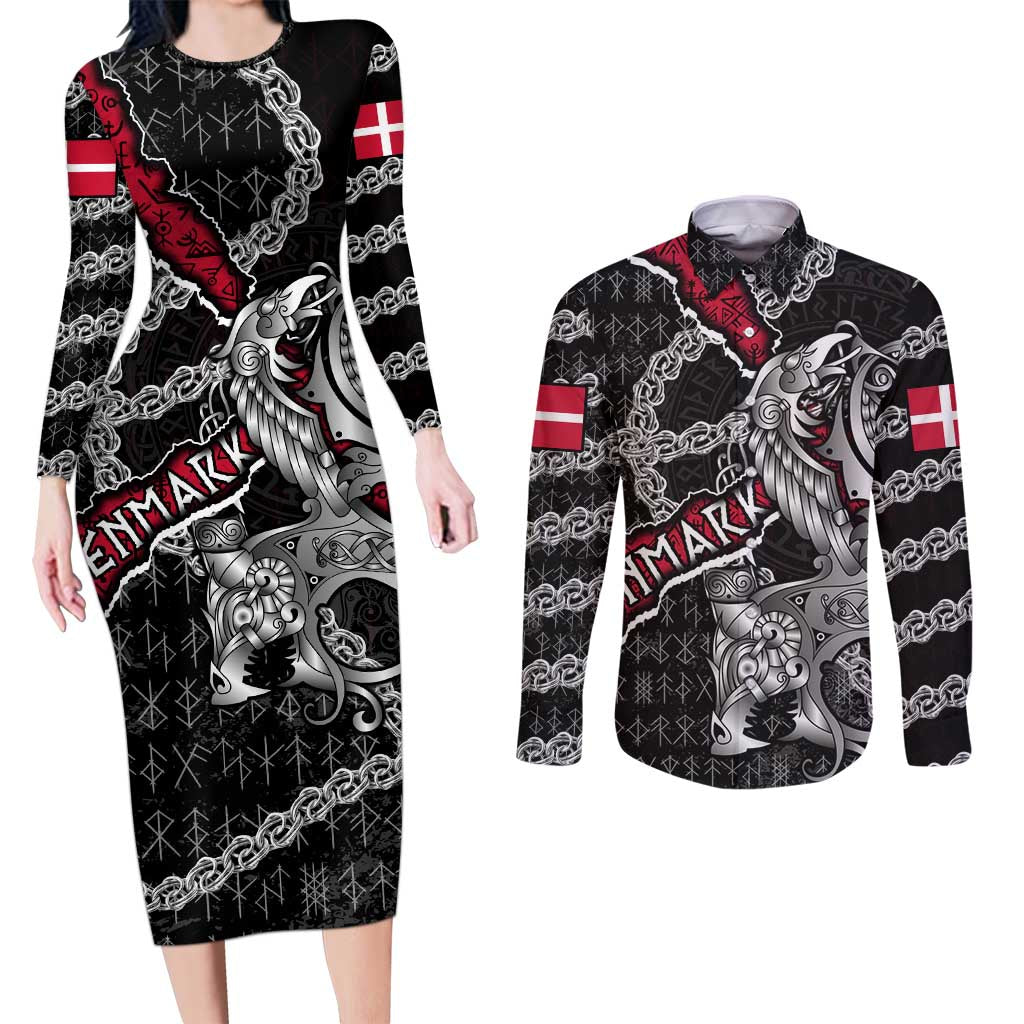 Personalized Denmark Vikings Couples Matching Long Sleeve Bodycon Dress and Long Sleeve Button Shirt Nordic Lion Bound in Runes and Chains