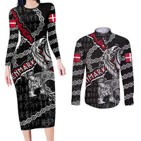 Personalized Denmark Vikings Couples Matching Long Sleeve Bodycon Dress and Long Sleeve Button Shirt Nordic Lion Bound in Runes and Chains