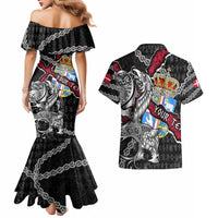 Personalized Denmark Vikings Couples Matching Mermaid Dress and Hawaiian Shirt Nordic Lion Bound in Runes and Chains