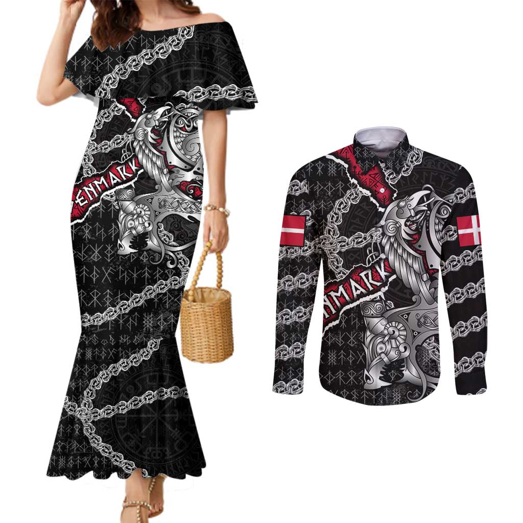 Personalized Denmark Vikings Couples Matching Mermaid Dress and Long Sleeve Button Shirt Nordic Lion Bound in Runes and Chains