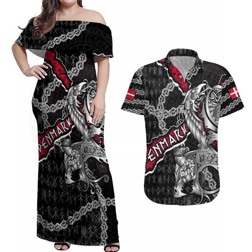 Personalized Denmark Vikings Couples Matching Off Shoulder Maxi Dress and Hawaiian Shirt Nordic Lion Bound in Runes and Chains