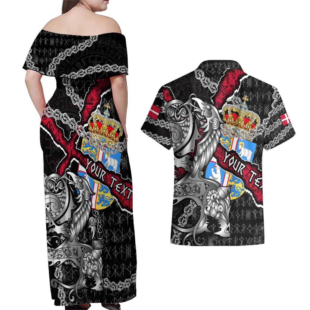 Personalized Denmark Vikings Couples Matching Off Shoulder Maxi Dress and Hawaiian Shirt Nordic Lion Bound in Runes and Chains
