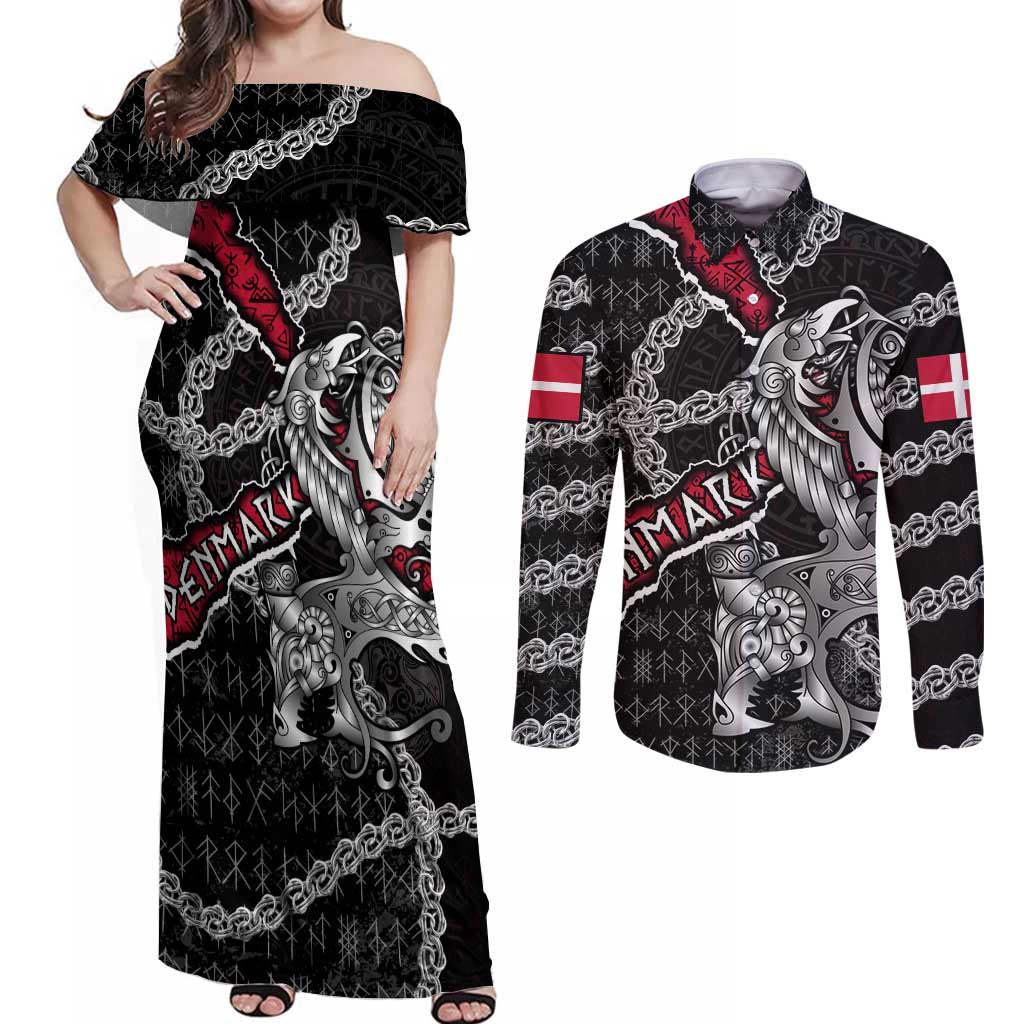 Personalized Denmark Vikings Couples Matching Off Shoulder Maxi Dress and Long Sleeve Button Shirt Nordic Lion Bound in Runes and Chains