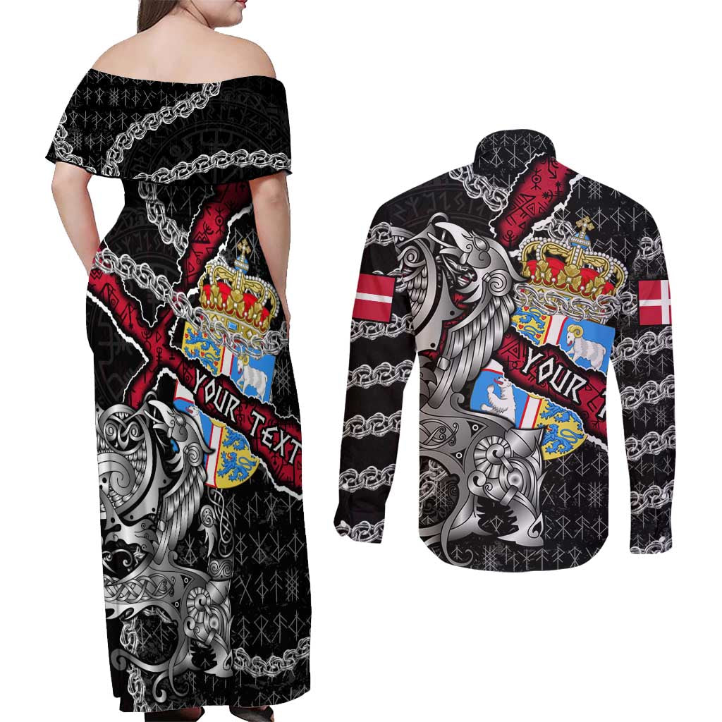 Personalized Denmark Vikings Couples Matching Off Shoulder Maxi Dress and Long Sleeve Button Shirt Nordic Lion Bound in Runes and Chains