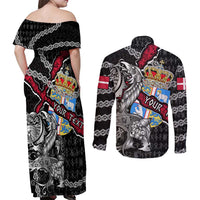 Personalized Denmark Vikings Couples Matching Off Shoulder Maxi Dress and Long Sleeve Button Shirt Nordic Lion Bound in Runes and Chains