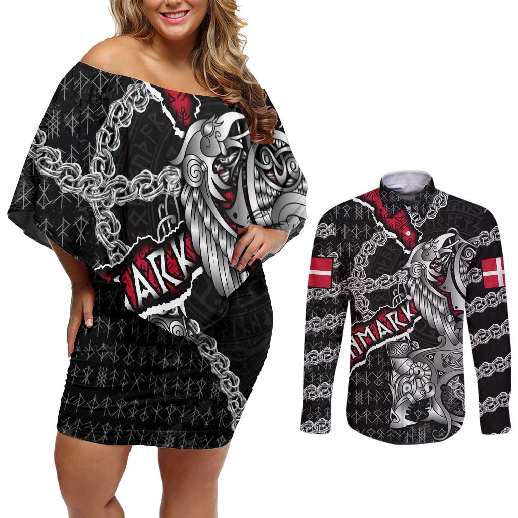 Personalized Denmark Vikings Couples Matching Off Shoulder Short Dress and Long Sleeve Button Shirt Nordic Lion Bound in Runes and Chains