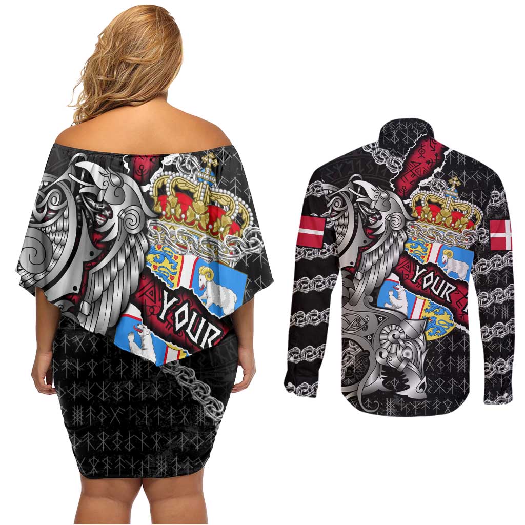 Personalized Denmark Vikings Couples Matching Off Shoulder Short Dress and Long Sleeve Button Shirt Nordic Lion Bound in Runes and Chains