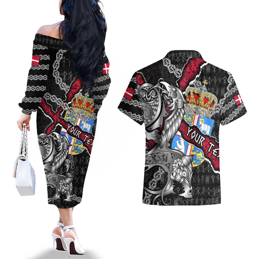 Personalized Denmark Vikings Couples Matching Off The Shoulder Long Sleeve Dress and Hawaiian Shirt Nordic Lion Bound in Runes and Chains