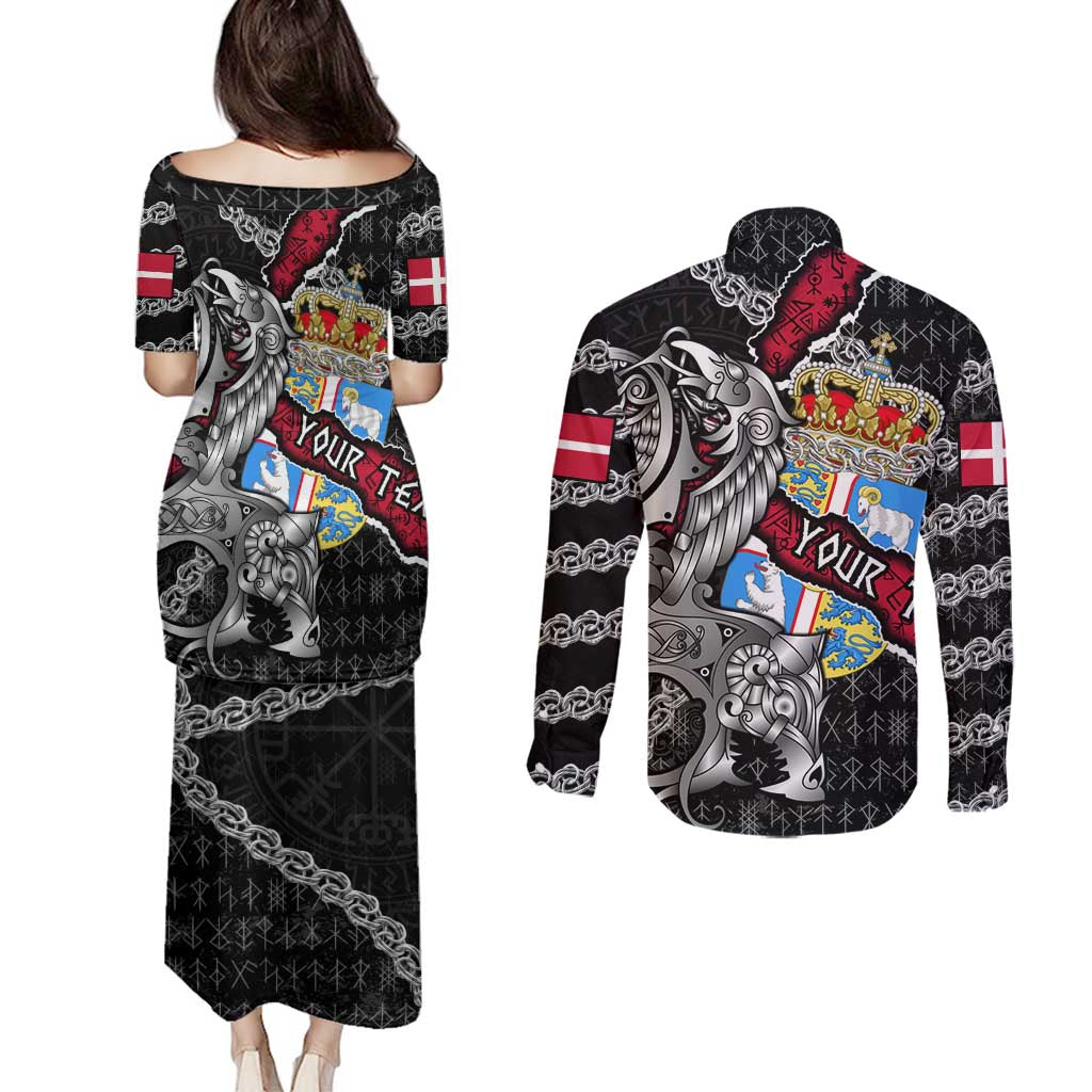 Personalized Denmark Vikings Couples Matching Puletasi and Long Sleeve Button Shirt Nordic Lion Bound in Runes and Chains