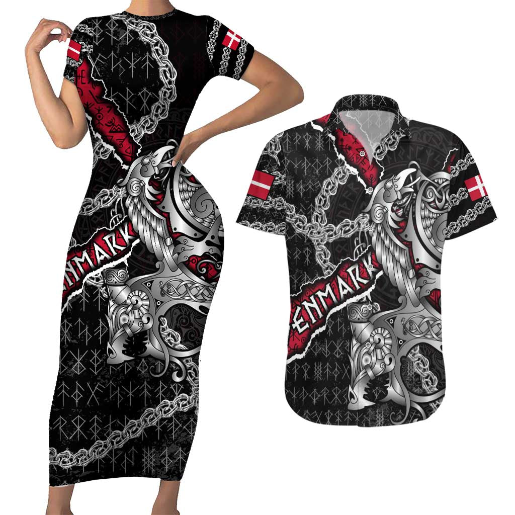 Personalized Denmark Vikings Couples Matching Short Sleeve Bodycon Dress and Hawaiian Shirt Nordic Lion Bound in Runes and Chains