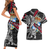 Personalized Denmark Vikings Couples Matching Short Sleeve Bodycon Dress and Hawaiian Shirt Nordic Lion Bound in Runes and Chains