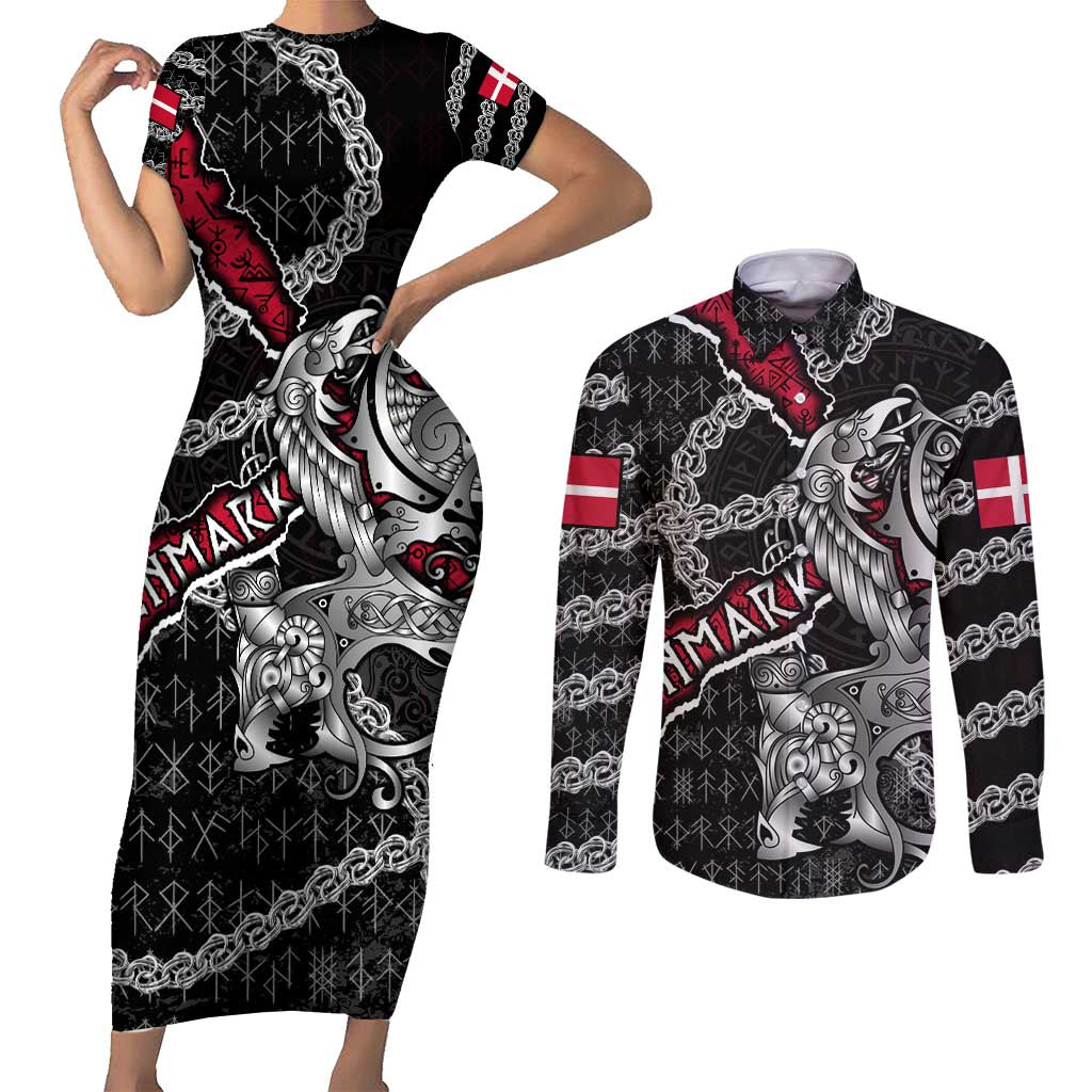 Personalized Denmark Vikings Couples Matching Short Sleeve Bodycon Dress and Long Sleeve Button Shirt Nordic Lion Bound in Runes and Chains