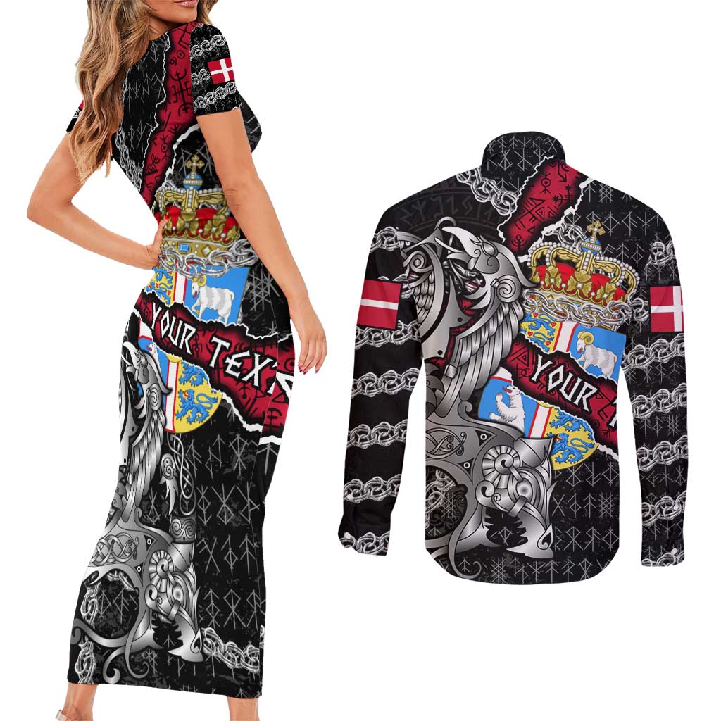Personalized Denmark Vikings Couples Matching Short Sleeve Bodycon Dress and Long Sleeve Button Shirt Nordic Lion Bound in Runes and Chains
