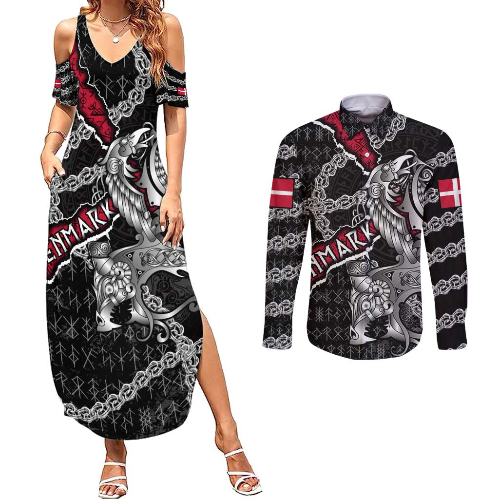 Personalized Denmark Vikings Couples Matching Summer Maxi Dress and Long Sleeve Button Shirt Nordic Lion Bound in Runes and Chains