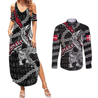 Personalized Denmark Vikings Couples Matching Summer Maxi Dress and Long Sleeve Button Shirt Nordic Lion Bound in Runes and Chains