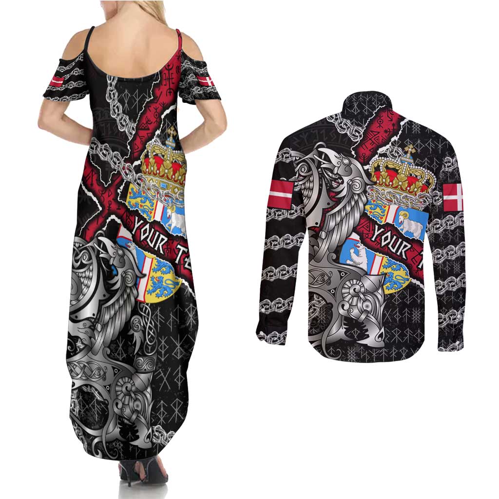 Personalized Denmark Vikings Couples Matching Summer Maxi Dress and Long Sleeve Button Shirt Nordic Lion Bound in Runes and Chains