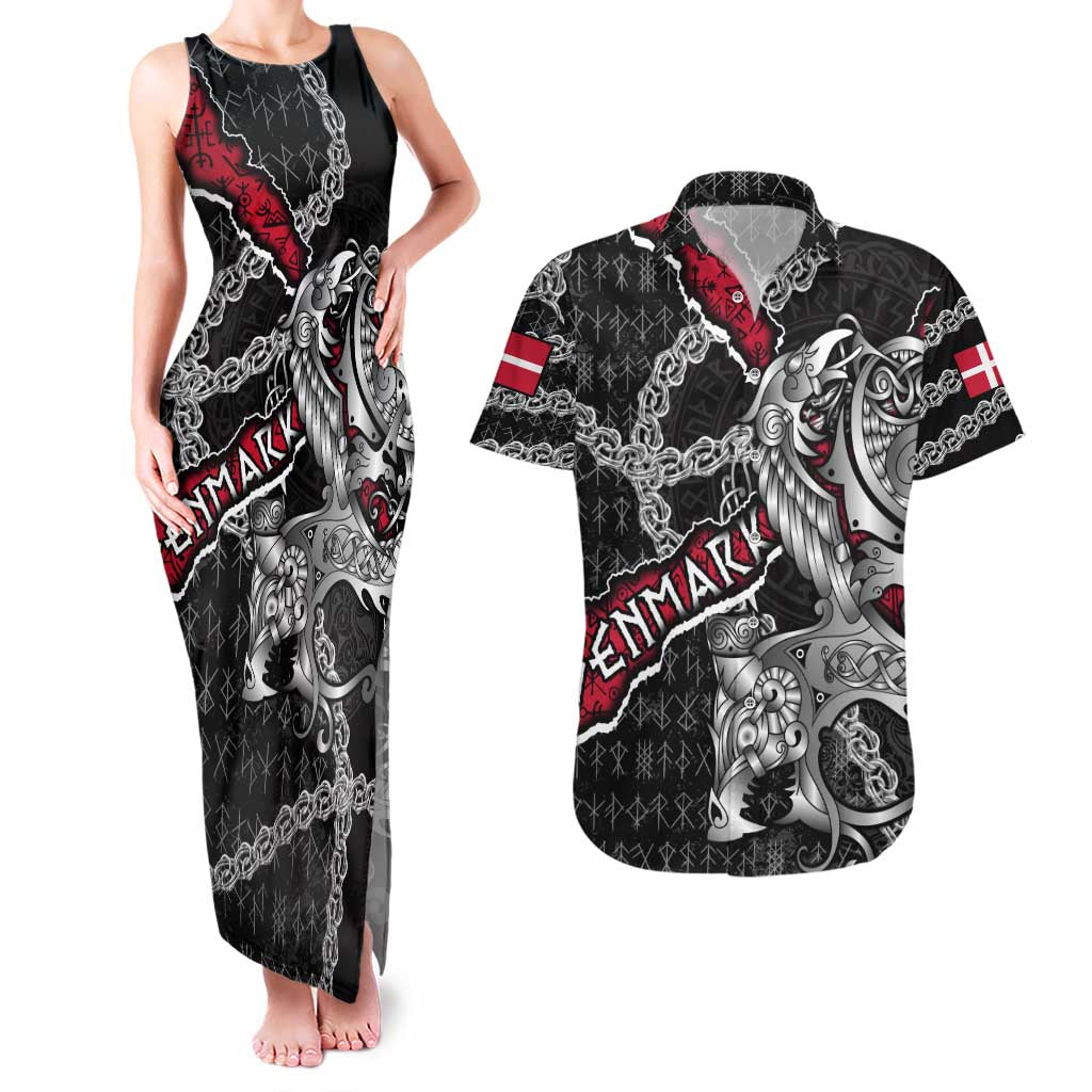 Personalized Denmark Vikings Couples Matching Tank Maxi Dress and Hawaiian Shirt Nordic Lion Bound in Runes and Chains