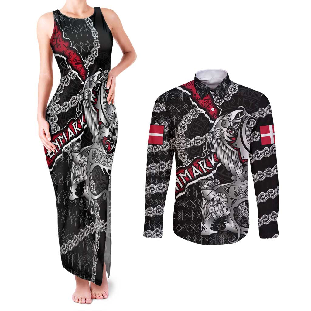 Personalized Denmark Vikings Couples Matching Tank Maxi Dress and Long Sleeve Button Shirt Nordic Lion Bound in Runes and Chains