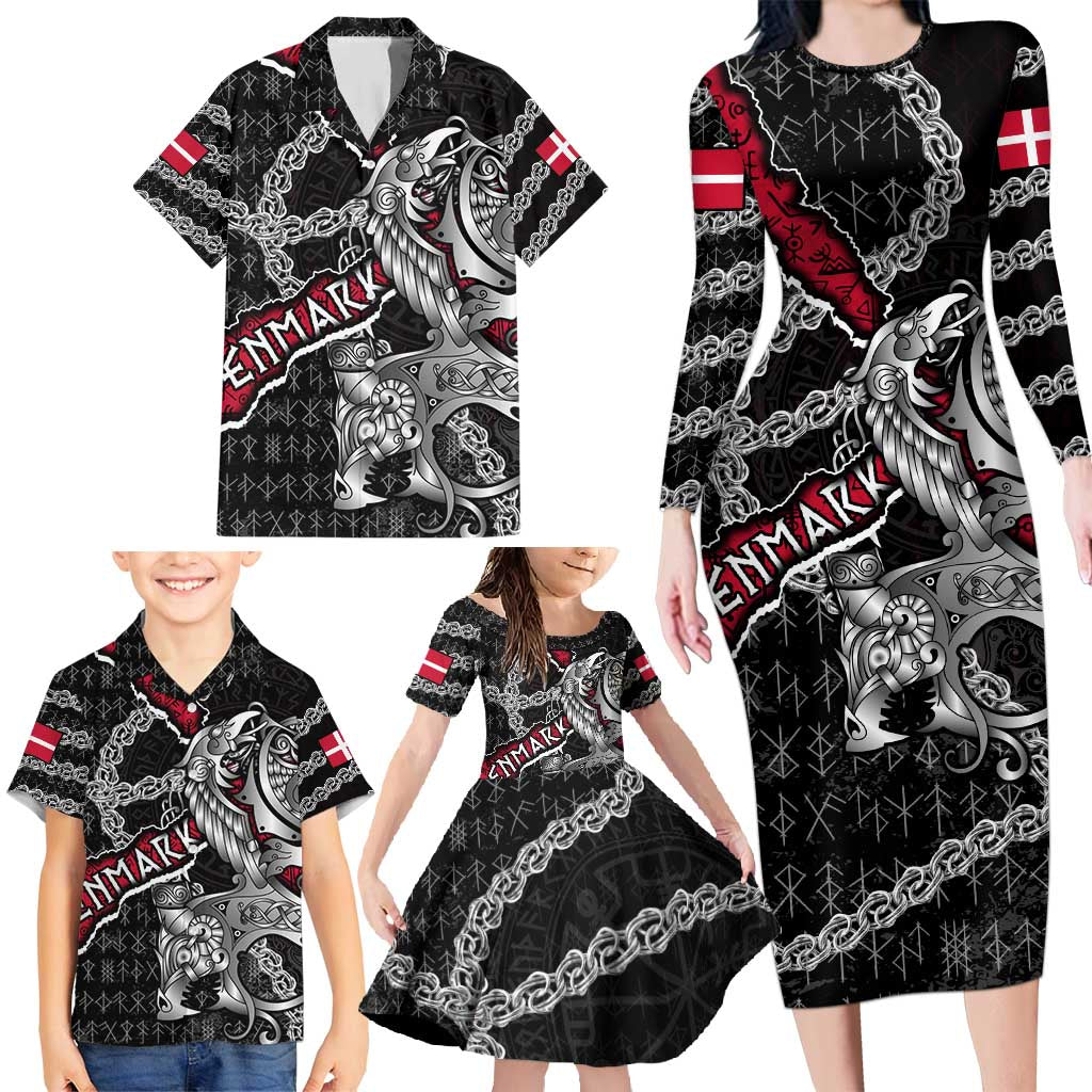 Personalized Denmark Vikings Family Matching Long Sleeve Bodycon Dress and Hawaiian Shirt Nordic Lion Bound in Runes and Chains