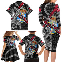 Personalized Denmark Vikings Family Matching Long Sleeve Bodycon Dress and Hawaiian Shirt Nordic Lion Bound in Runes and Chains