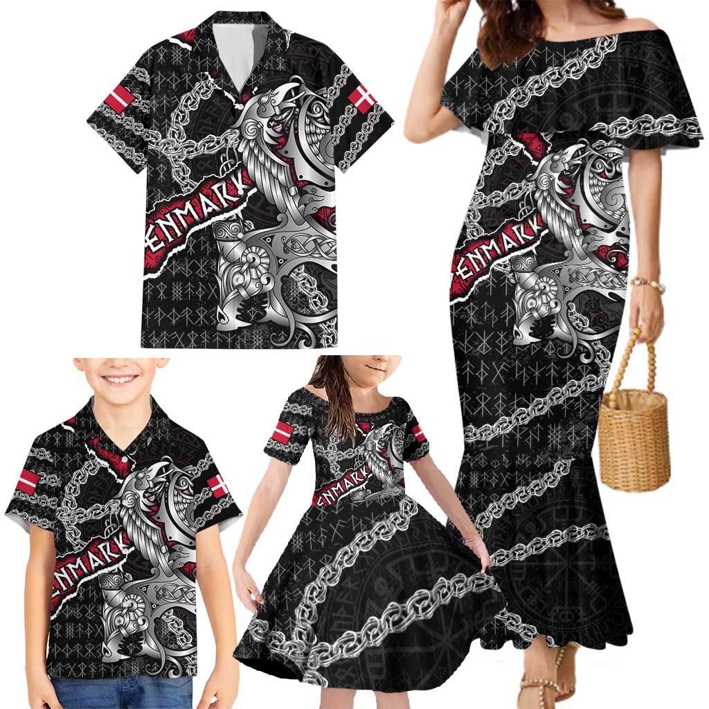 Personalized Denmark Vikings Family Matching Mermaid Dress and Hawaiian Shirt Nordic Lion Bound in Runes and Chains