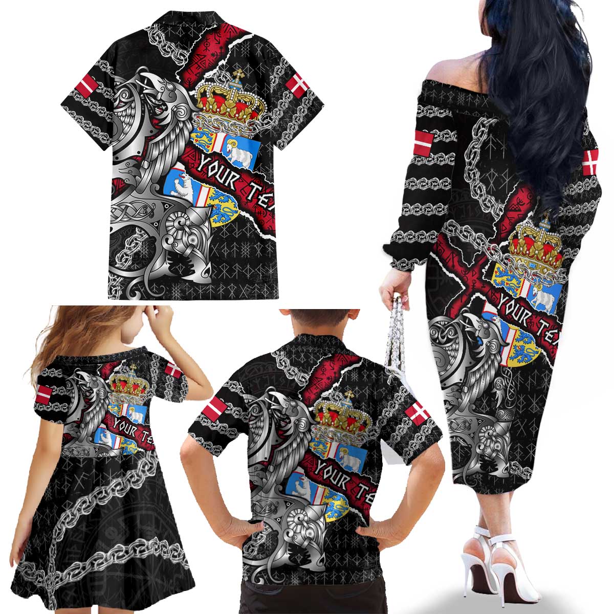 Personalized Denmark Vikings Family Matching Off The Shoulder Long Sleeve Dress and Hawaiian Shirt Nordic Lion Bound in Runes and Chains