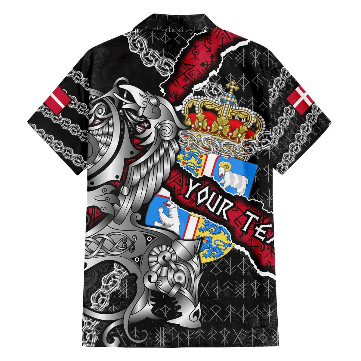 Personalized Denmark Vikings Family Matching Off The Shoulder Long Sleeve Dress and Hawaiian Shirt Nordic Lion Bound in Runes and Chains