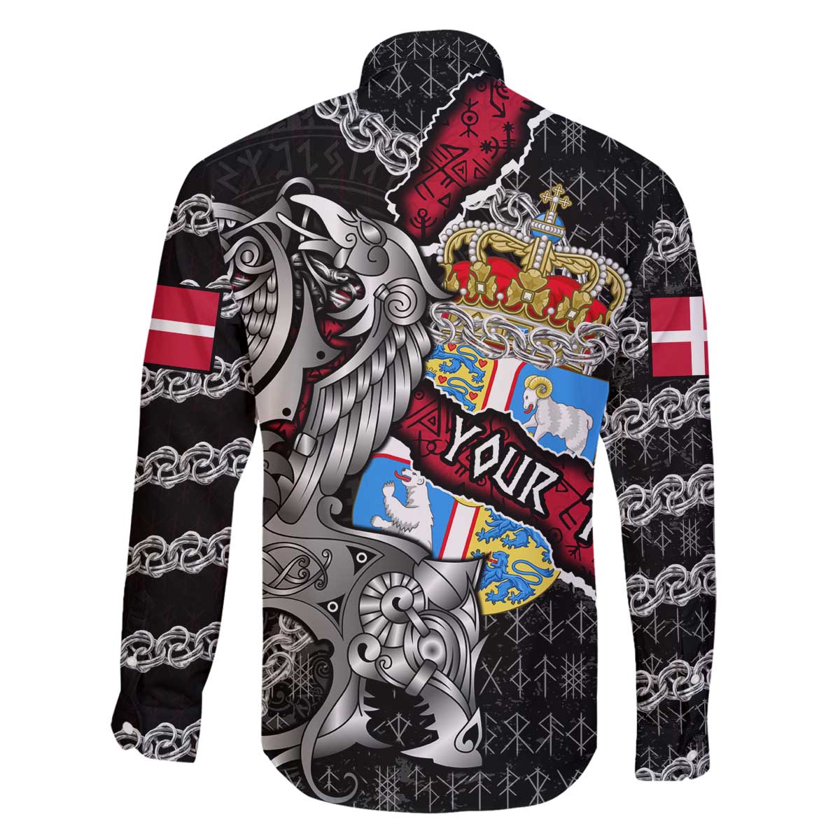 Personalized Denmark Vikings Family Matching Off The Shoulder Long Sleeve Dress and Hawaiian Shirt Nordic Lion Bound in Runes and Chains