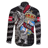 Personalized Denmark Vikings Family Matching Off The Shoulder Long Sleeve Dress and Hawaiian Shirt Nordic Lion Bound in Runes and Chains