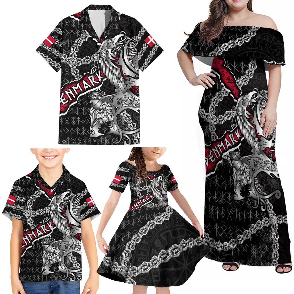 Personalized Denmark Vikings Family Matching Off Shoulder Maxi Dress and Hawaiian Shirt Nordic Lion Bound in Runes and Chains