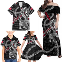 Personalized Denmark Vikings Family Matching Off Shoulder Maxi Dress and Hawaiian Shirt Nordic Lion Bound in Runes and Chains
