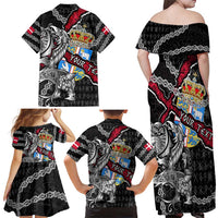 Personalized Denmark Vikings Family Matching Off Shoulder Maxi Dress and Hawaiian Shirt Nordic Lion Bound in Runes and Chains