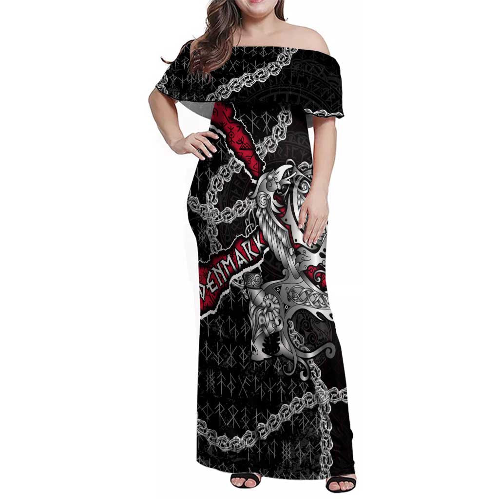 Personalized Denmark Vikings Family Matching Off Shoulder Maxi Dress and Hawaiian Shirt Nordic Lion Bound in Runes and Chains