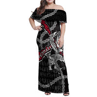 Personalized Denmark Vikings Family Matching Off Shoulder Maxi Dress and Hawaiian Shirt Nordic Lion Bound in Runes and Chains