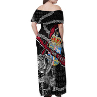 Personalized Denmark Vikings Family Matching Off Shoulder Maxi Dress and Hawaiian Shirt Nordic Lion Bound in Runes and Chains