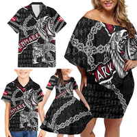 Personalized Denmark Vikings Family Matching Off Shoulder Short Dress and Hawaiian Shirt Nordic Lion Bound in Runes and Chains