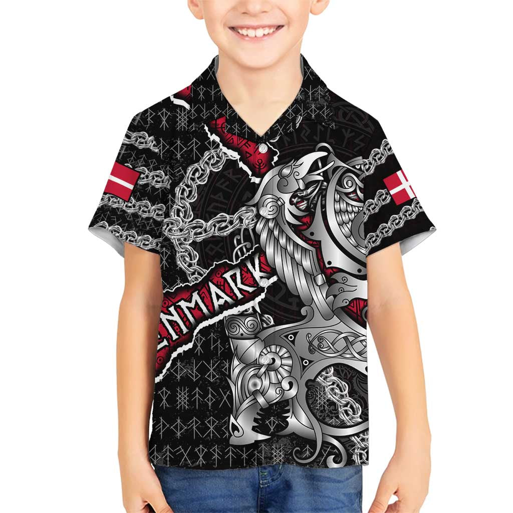 Personalized Denmark Vikings Family Matching Off Shoulder Short Dress and Hawaiian Shirt Nordic Lion Bound in Runes and Chains