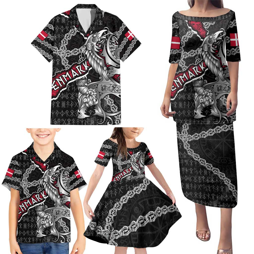 Personalized Denmark Vikings Family Matching Puletasi and Hawaiian Shirt Nordic Lion Bound in Runes and Chains