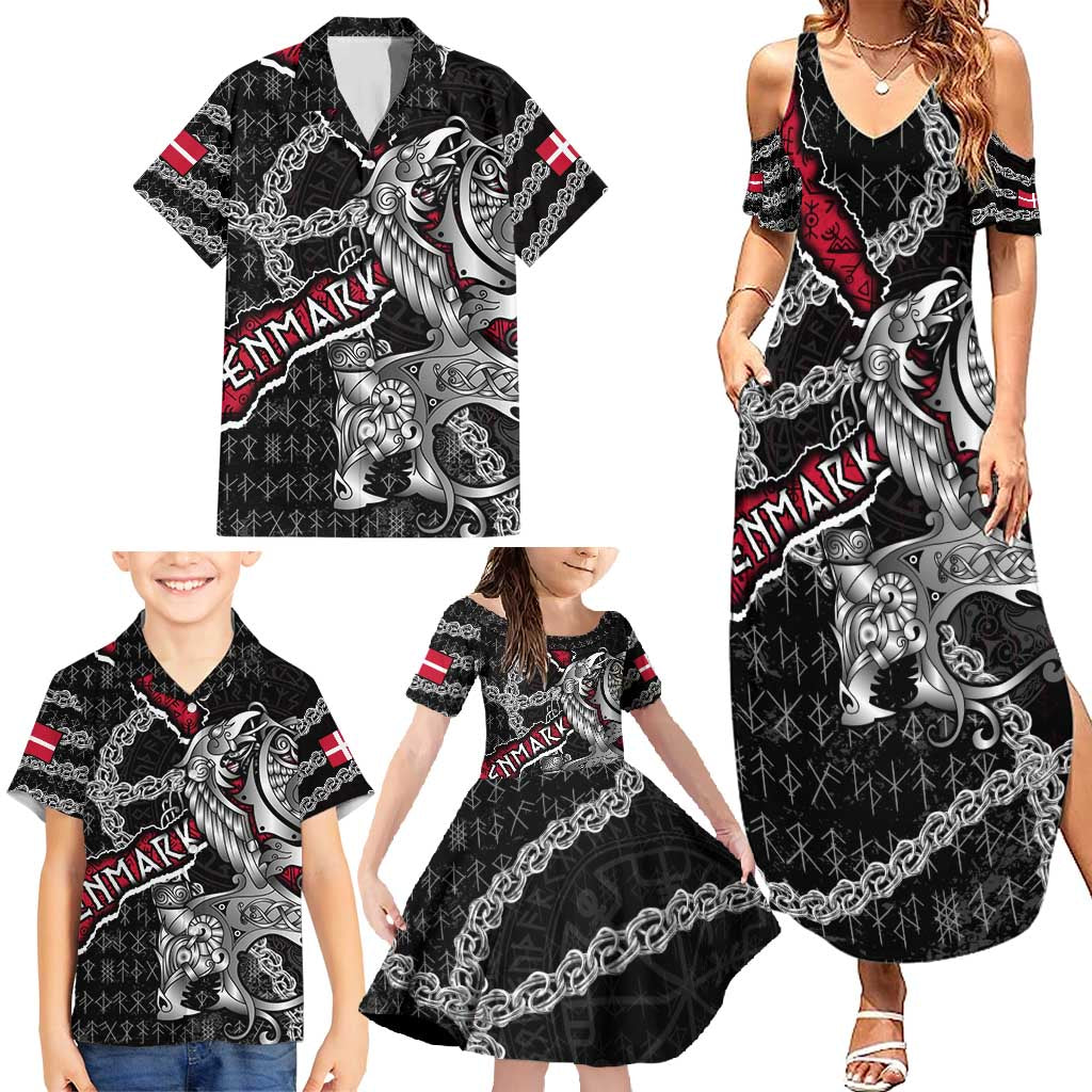 Personalized Denmark Vikings Family Matching Summer Maxi Dress and Hawaiian Shirt Nordic Lion Bound in Runes and Chains