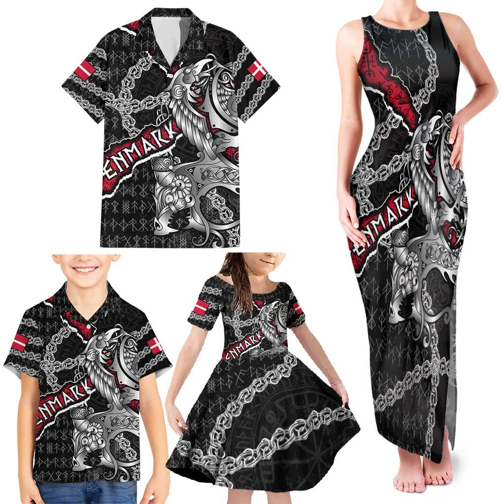 Personalized Denmark Vikings Family Matching Tank Maxi Dress and Hawaiian Shirt Nordic Lion Bound in Runes and Chains