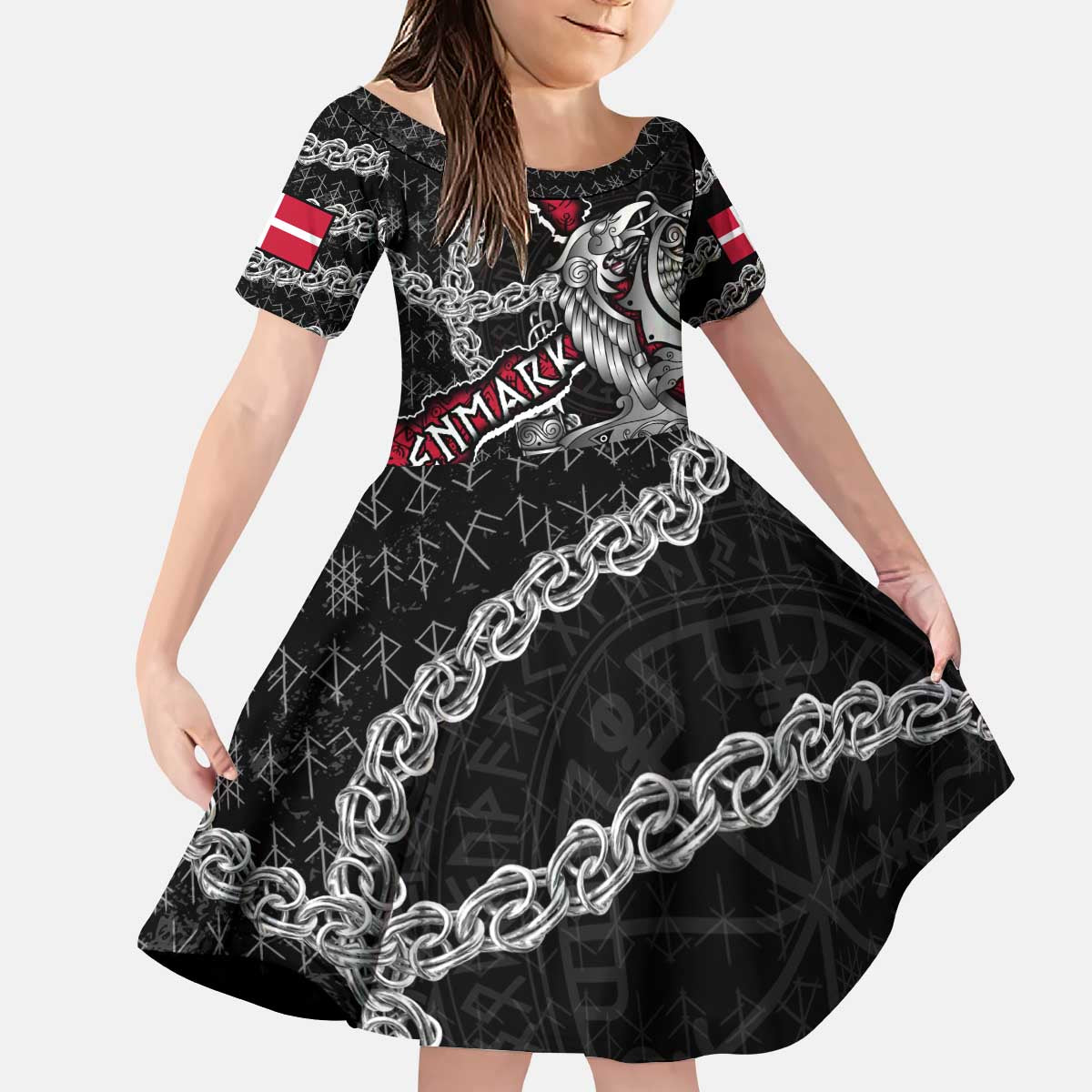 Personalized Denmark Vikings Kid Short Sleeve Dress Nordic Lion Bound in Runes and Chains