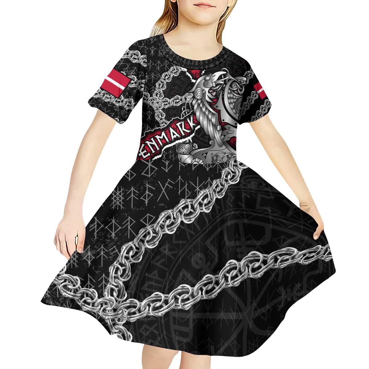 Personalized Denmark Vikings Kid Short Sleeve Dress Nordic Lion Bound in Runes and Chains