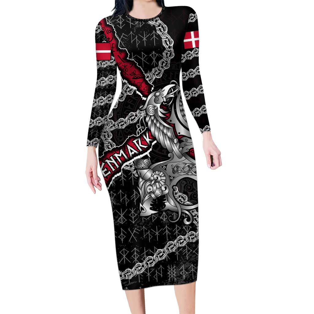 Personalized Denmark Vikings Long Sleeve Bodycon Dress Nordic Lion Bound in Runes and Chains