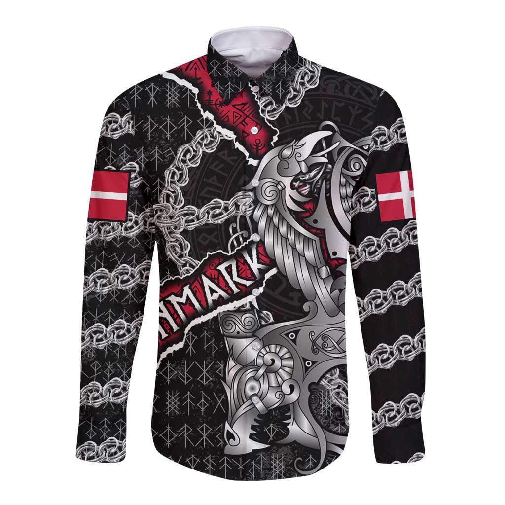 Personalized Denmark Vikings Long Sleeve Button Shirt Nordic Lion Bound in Runes and Chains