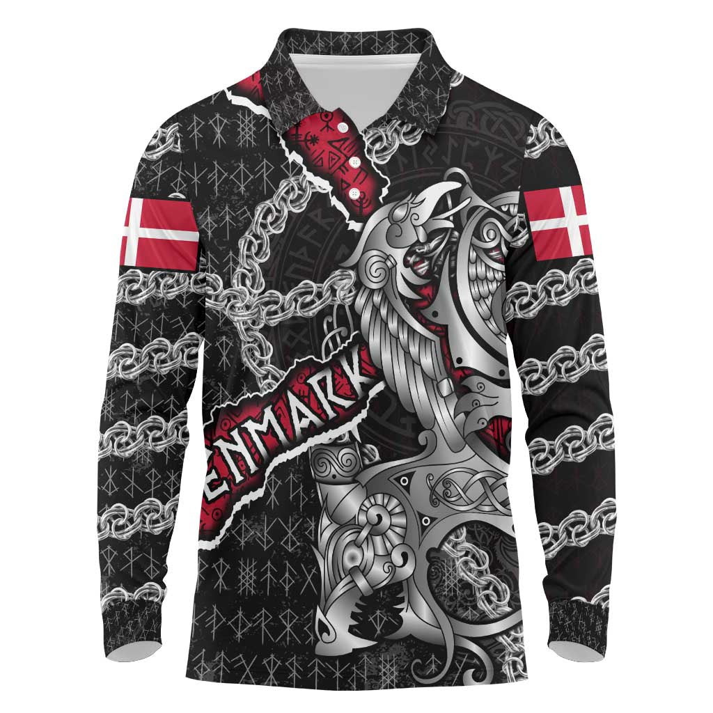 Personalized Denmark Vikings Long Sleeve Polo Shirt Nordic Lion Bound in Runes and Chains