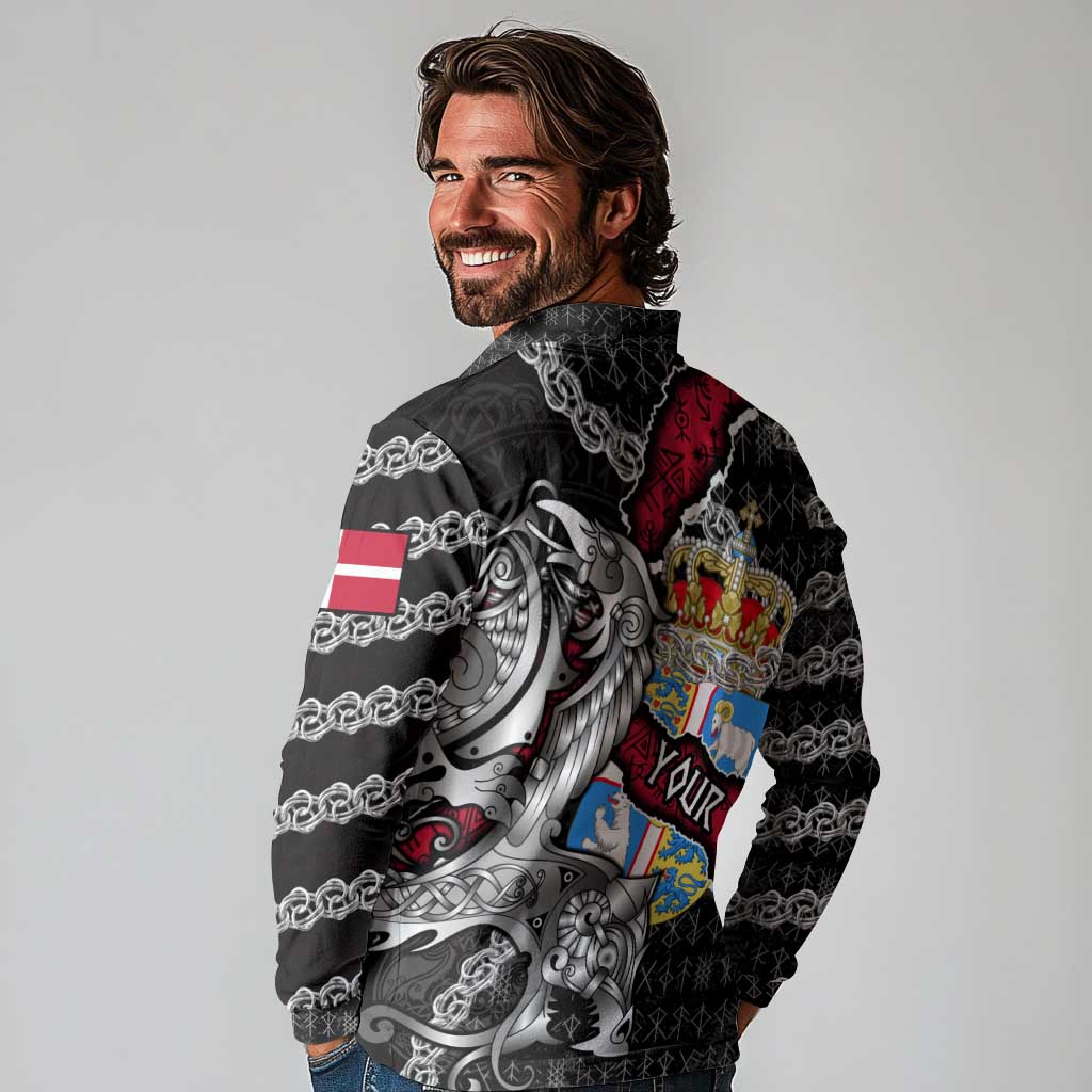 Personalized Denmark Vikings Long Sleeve Polo Shirt Nordic Lion Bound in Runes and Chains