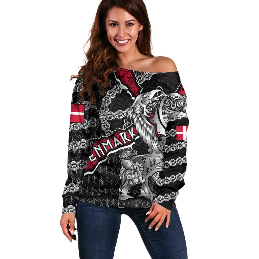 Personalized Denmark Vikings Off Shoulder Sweater Nordic Lion Bound in Runes and Chains