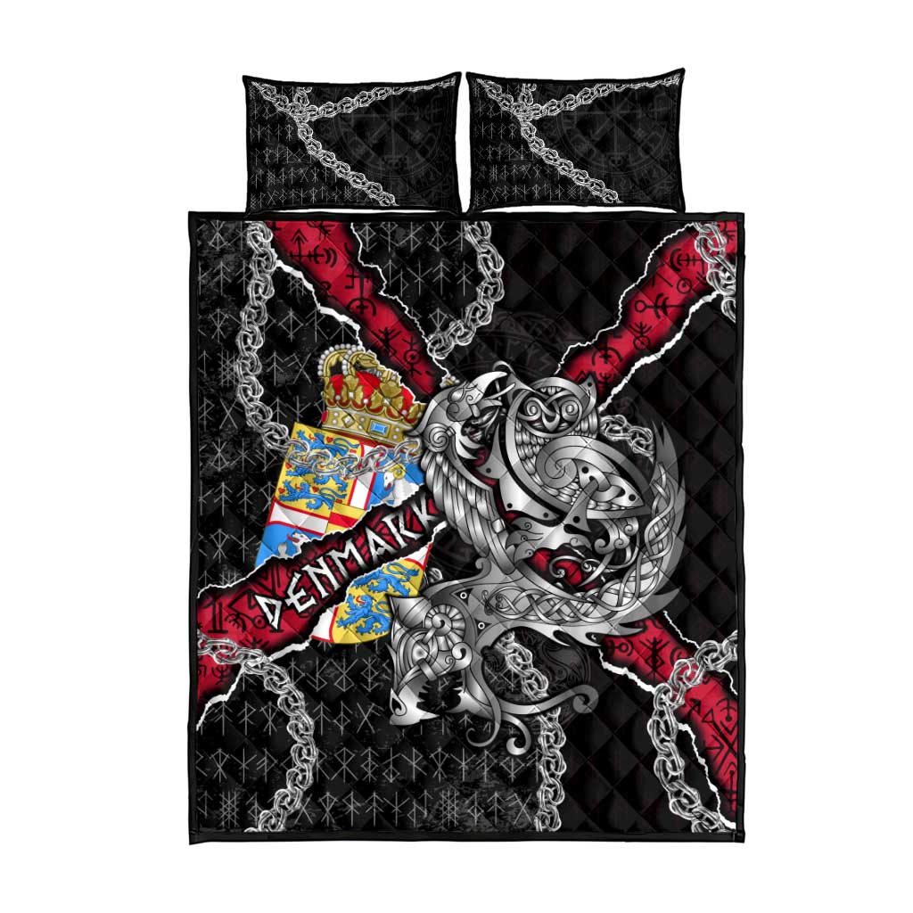 Denmark Vikings Quilt Bed Set Nordic Lion Bound in Runes and Chains