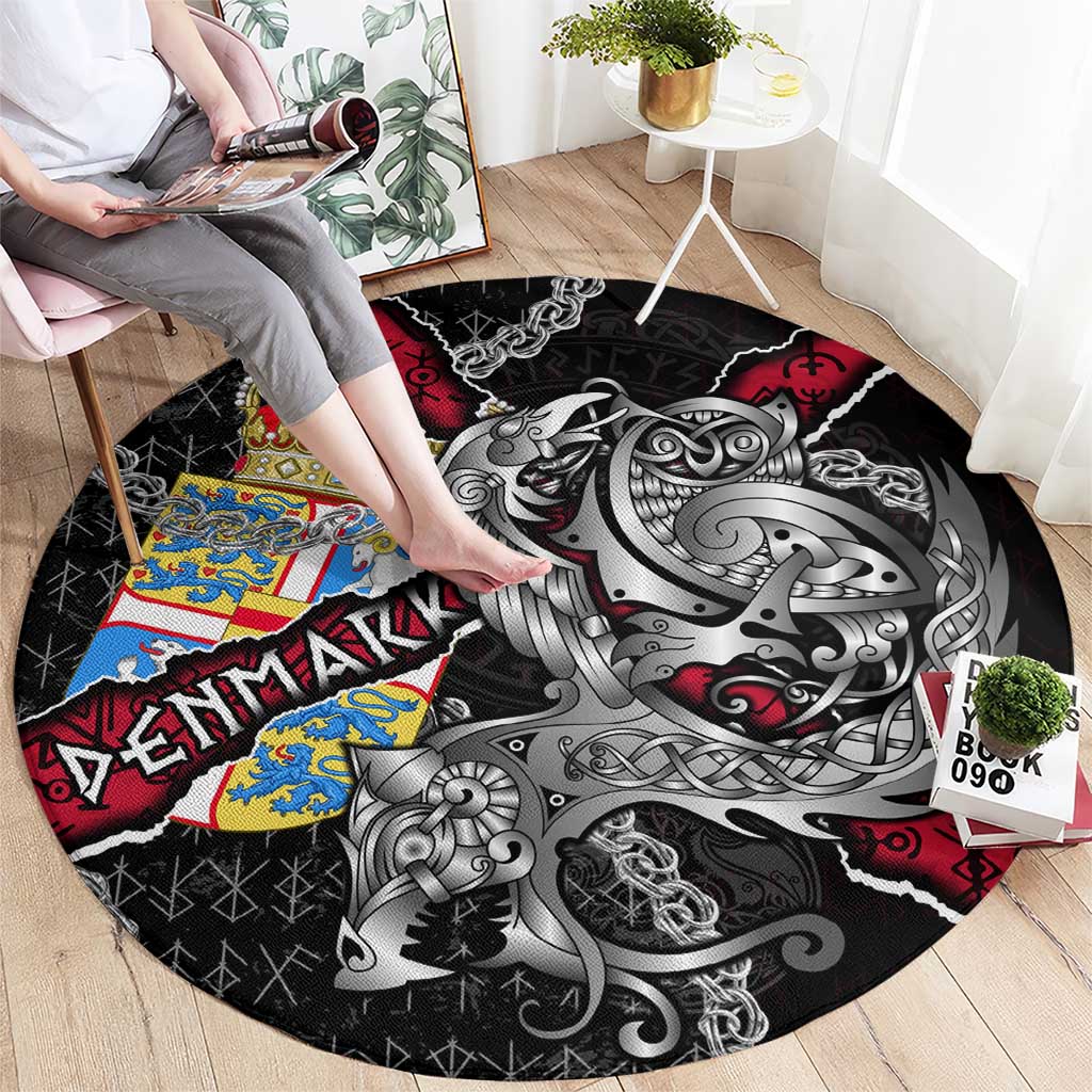 Denmark Vikings Round Carpet Nordic Lion Bound in Runes and Chains